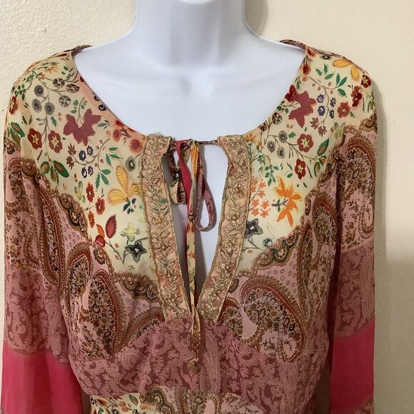 Clothing Co Bohemian Hippie Pink Paisley Patchwork Sheer Peasant Blouse Small - Picture 2 of 12